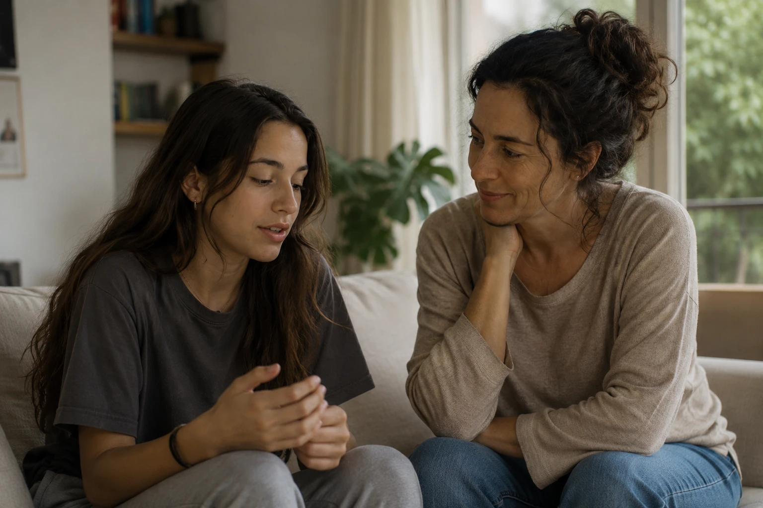 Lucía adolescente conversa con Elena en casa