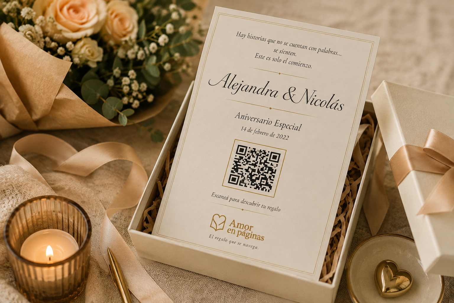 Entrega de regalo de Amor en Páginas con flores, caja y tarjeta impresa